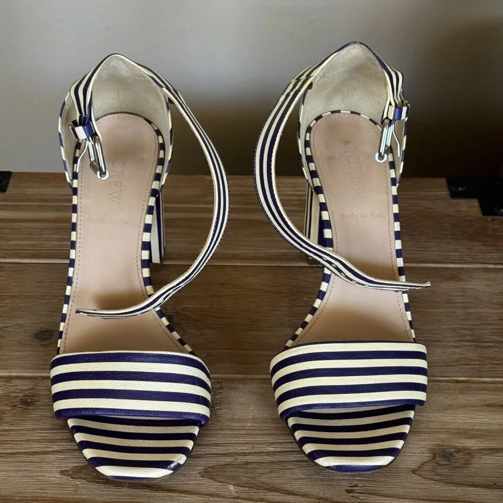 J. Crew Leather Light Cream Navy Stripe Ankle Strap Open Toe Block Heel Sandals
